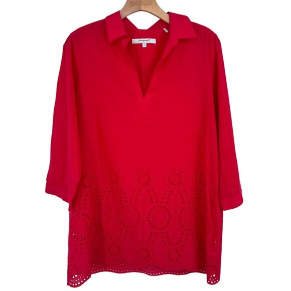 Foxcroft Red Tunic Top embroidered Eyelet Hem Size 10 Cotton popover - Picture 1 of 13
